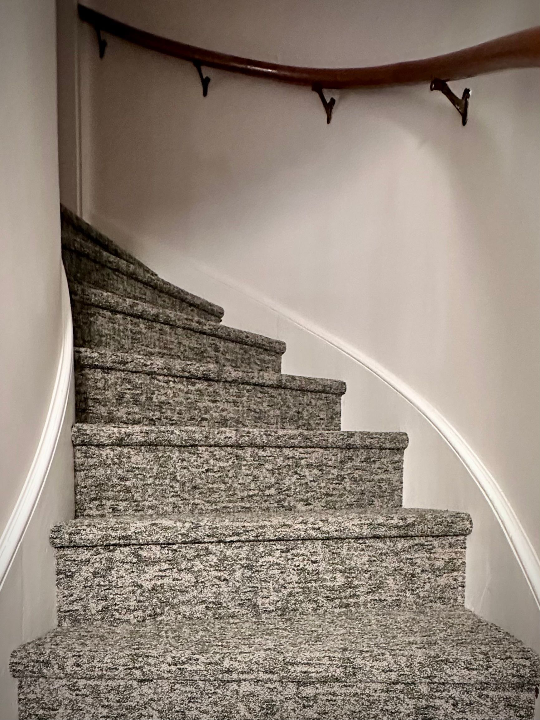 Curved carpeted staircase with white walls and a wooden handrail above