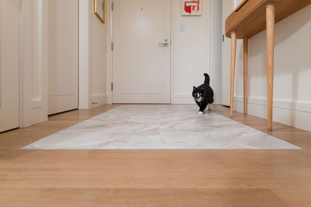 Small black-and-white dog running down a hallway toward the camera on a light rug
