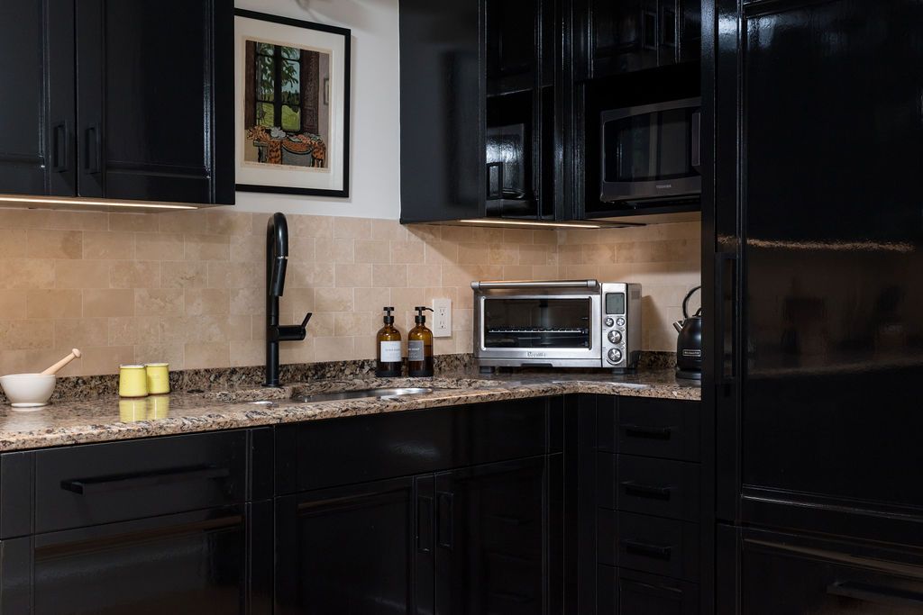 Modern kitchen corner with black cabinets, granite countertop, sink, toaster oven, and refrigerator