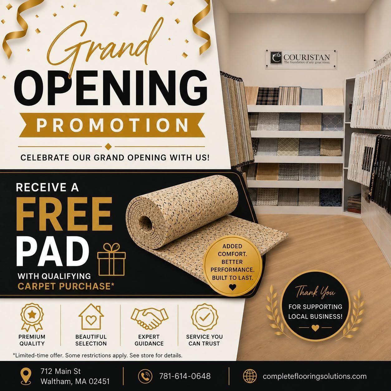 Carpet store grand opening promo with free pad offer, gold-and-black design, showroom shelves in background
