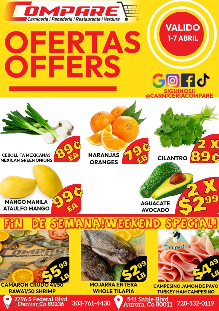 A weekly grocery store flyer for Compare, featuring produce, seafood, and deli items on sale from April 1–7.