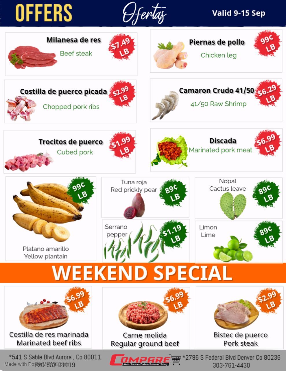 The grocery store offers a flyer with meats, produce, and weekend special prices in red, green, and orange.