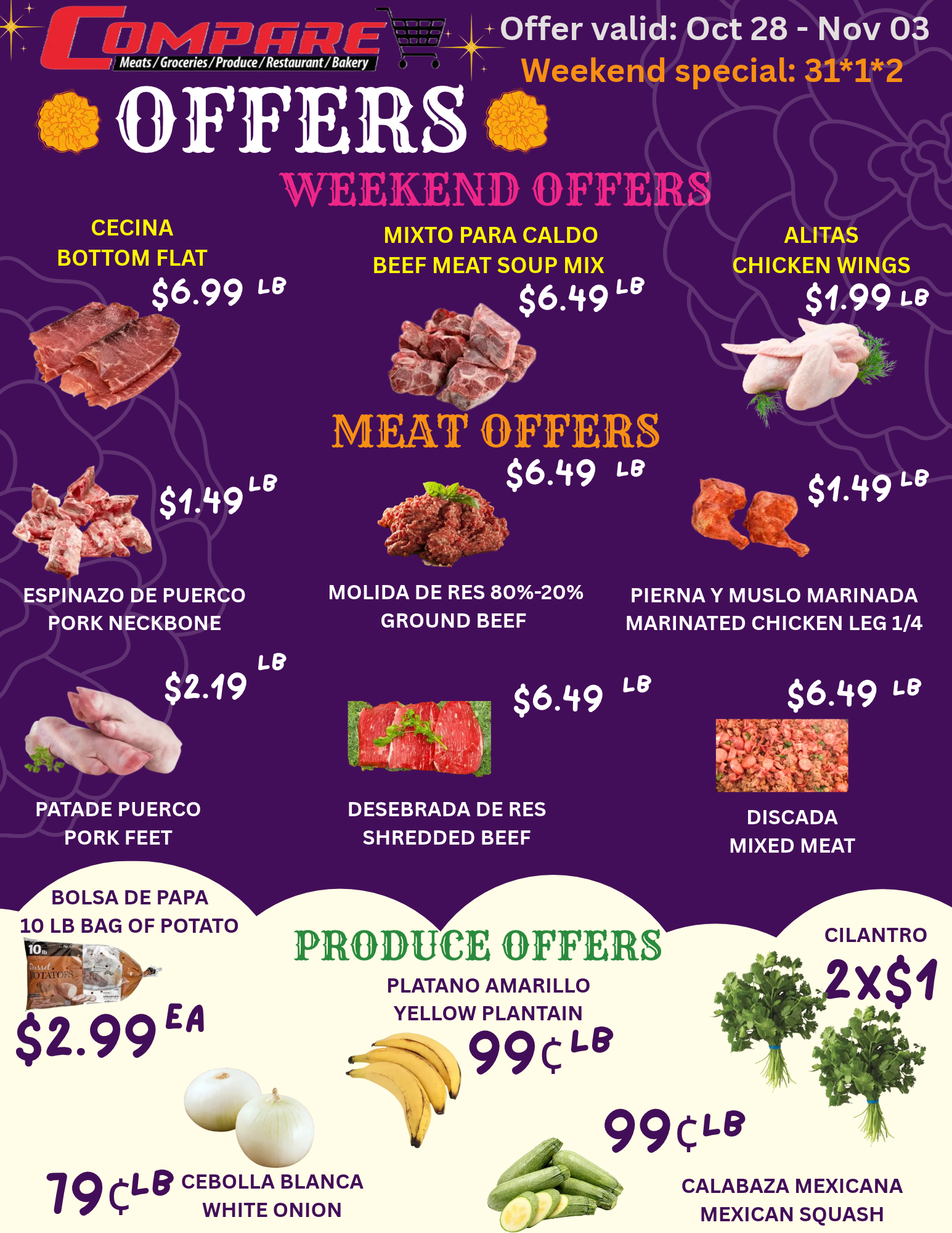 Weekly grocery sale flyer with red, purple, and yellow deal prices for cereals, meats, and produce.