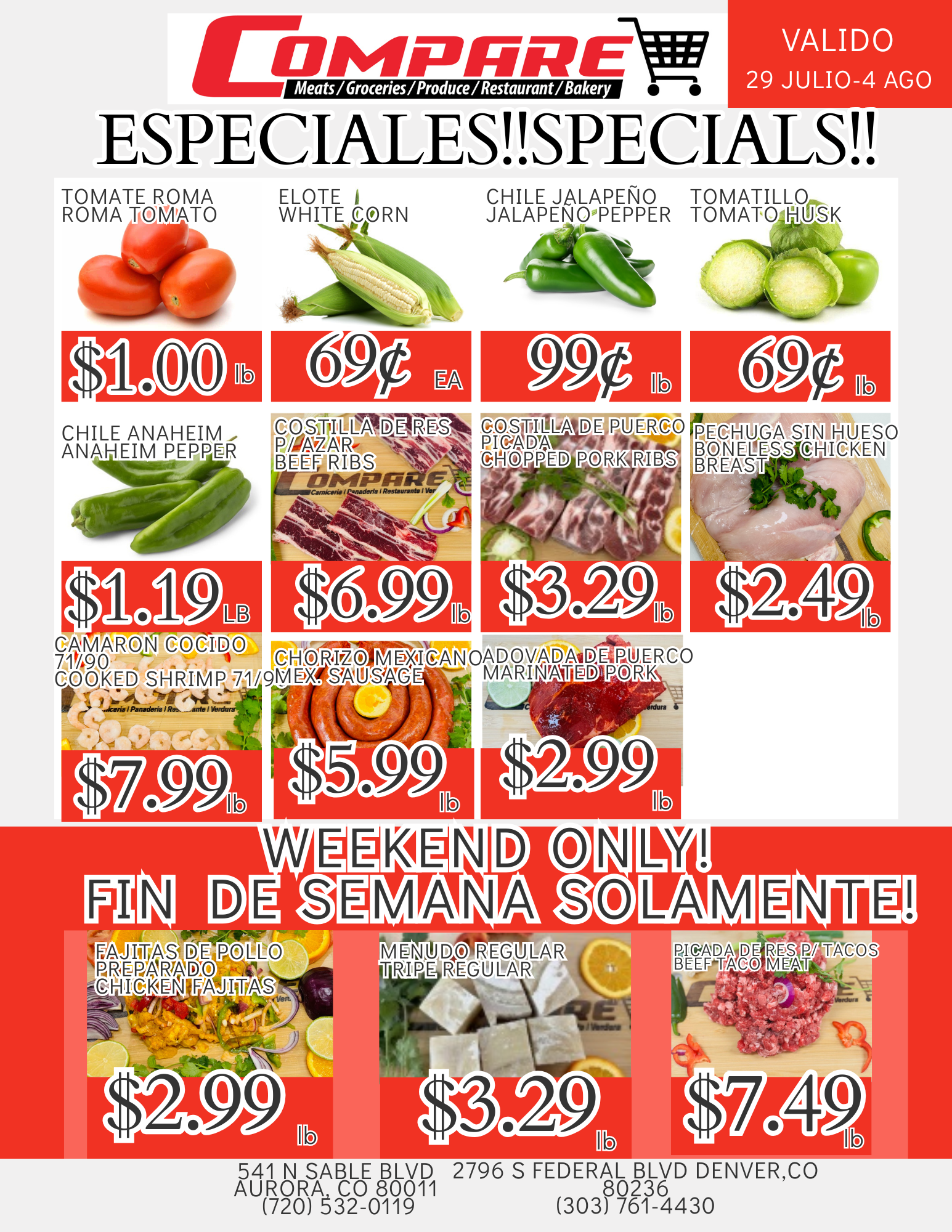 Compare supermarket weekly specials ad with assorted fruits and vegetables and red price tags, Spanish and English.