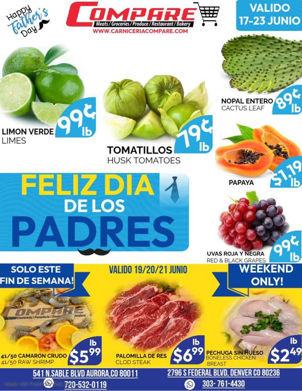 Colorful supermarket Father’s Day flyer with fruit and meat specials in Spanish. June 17 to 13 Father's Day ad
