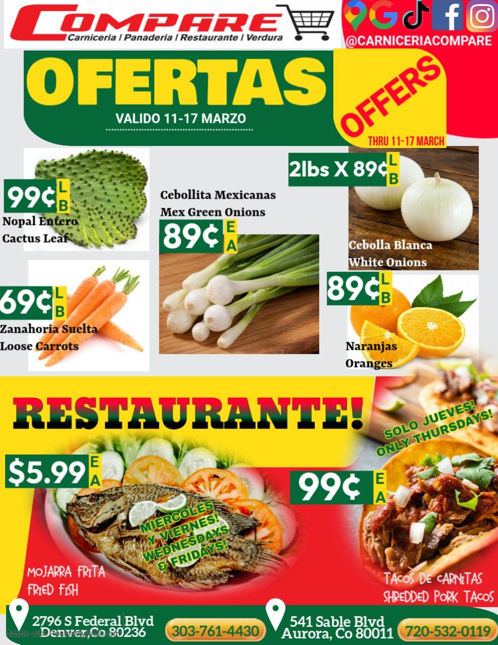 Grocery store ad with produce and restaurant specials: Cactus leaf, onions, carrots, oranges, fish, and tacos.