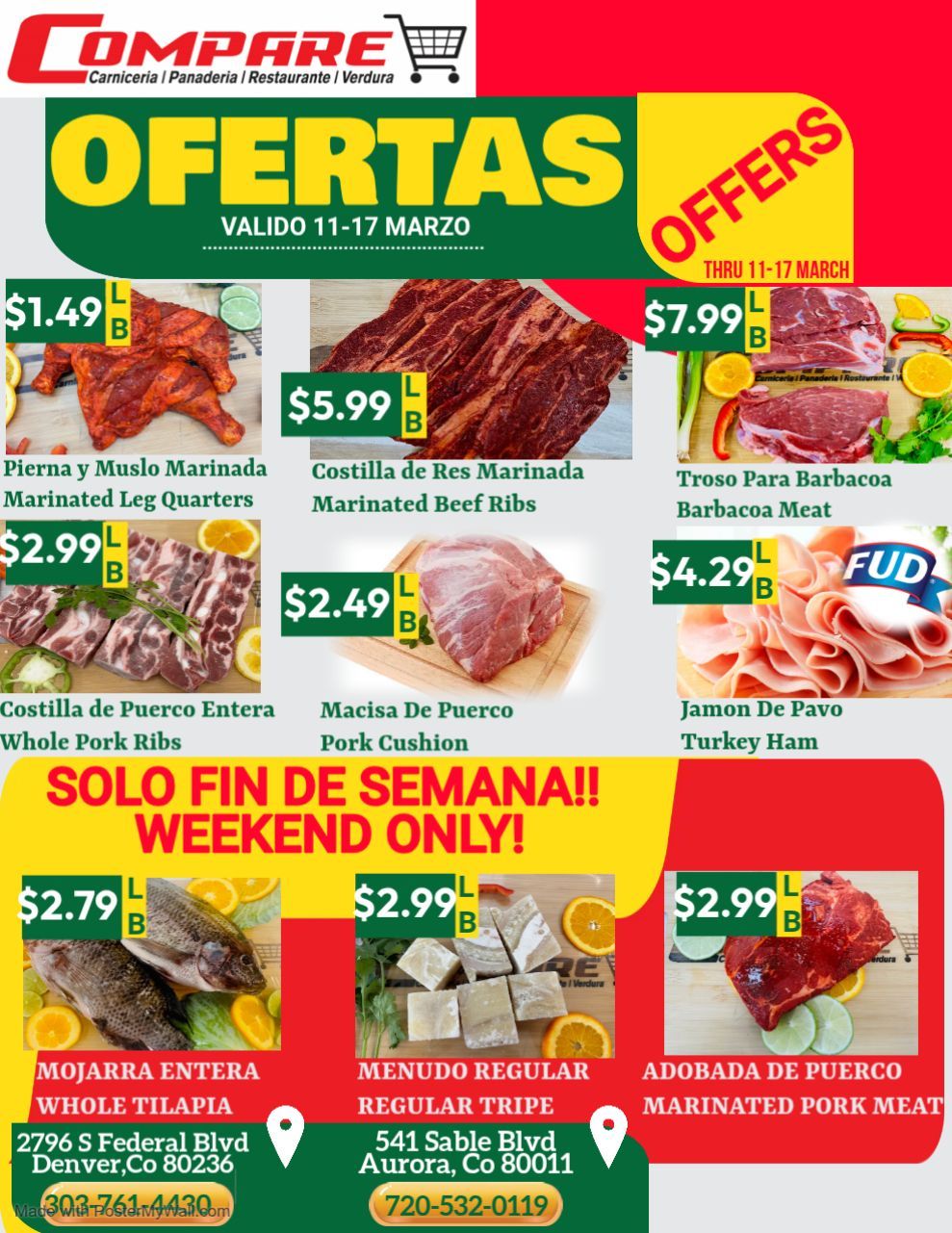 Grocery store flyer with meat offers, including prices and product names.