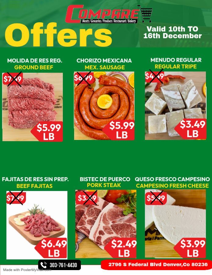 Compare Offers with meat offers, including ground beef, sausage, tripe, fajitas, pork steak, and cheese, with prices.