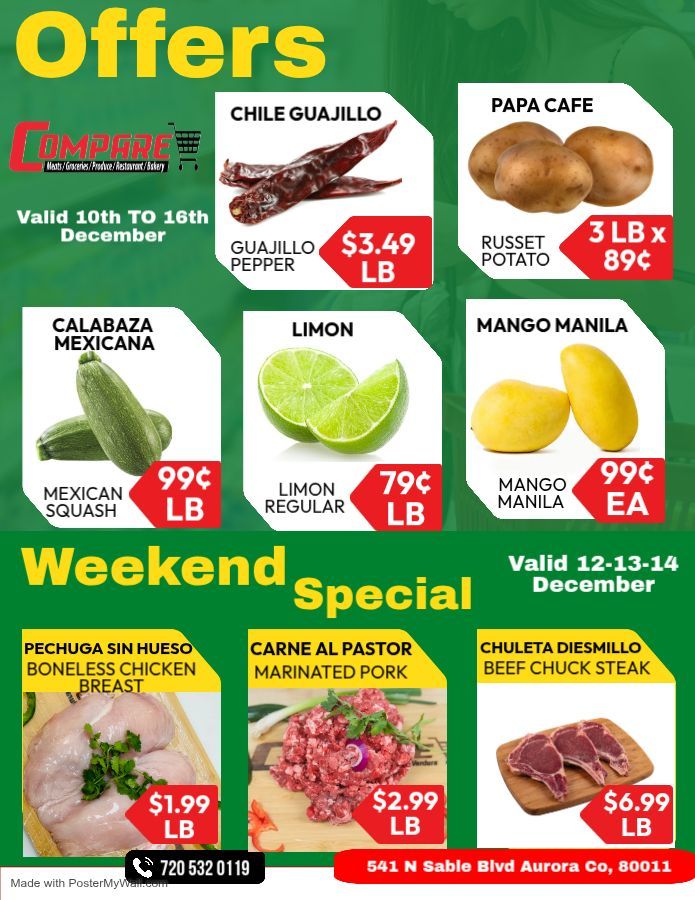 Compare Offers with produce and meat specials, including chile guajillo, potatoes, squash, lime, mango, chicken, pork, and beef.