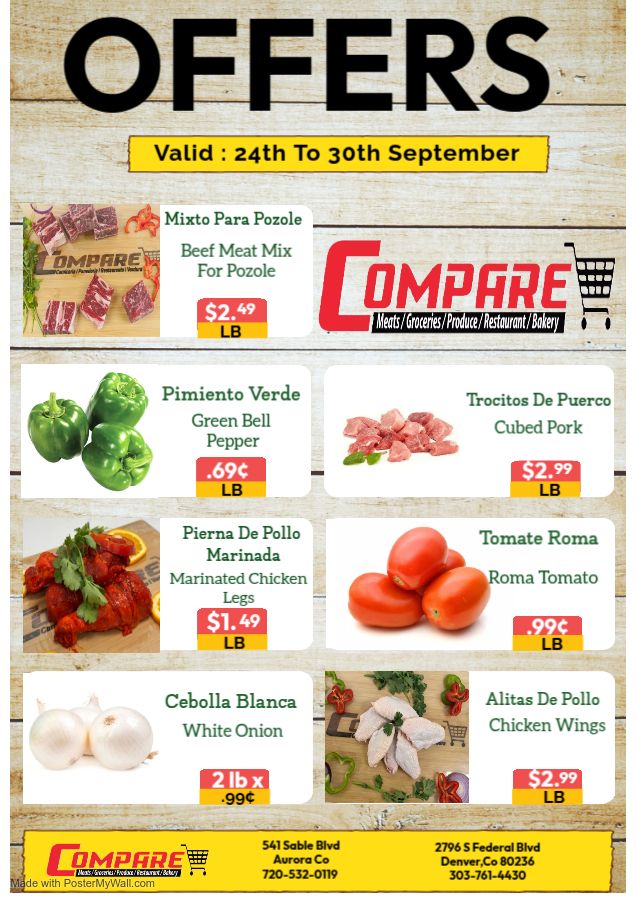 Grocery store flyer with weekly offers, featuring meat, produce, and chicken wings.