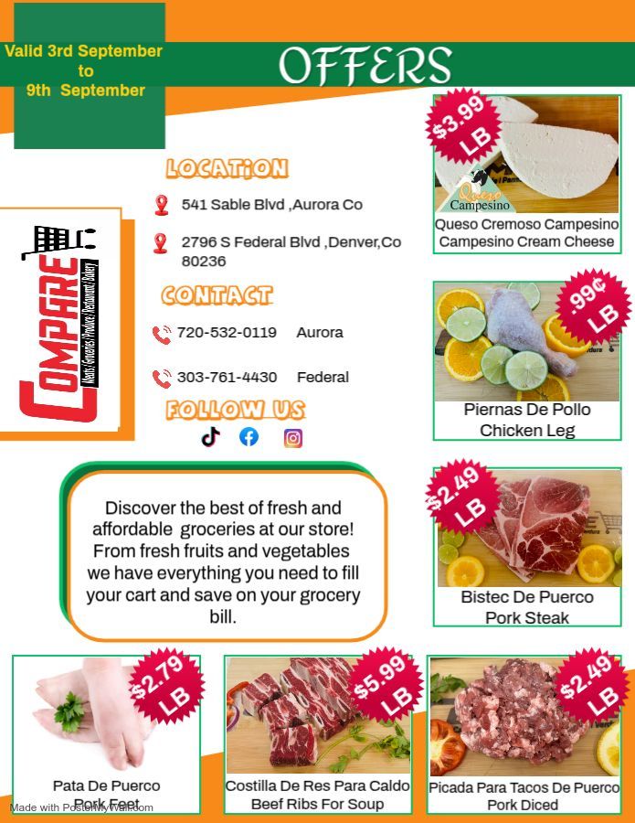 Grocery store flyer: Offers on meat products, locations in Aurora and Denver, valid Sept 3-9.