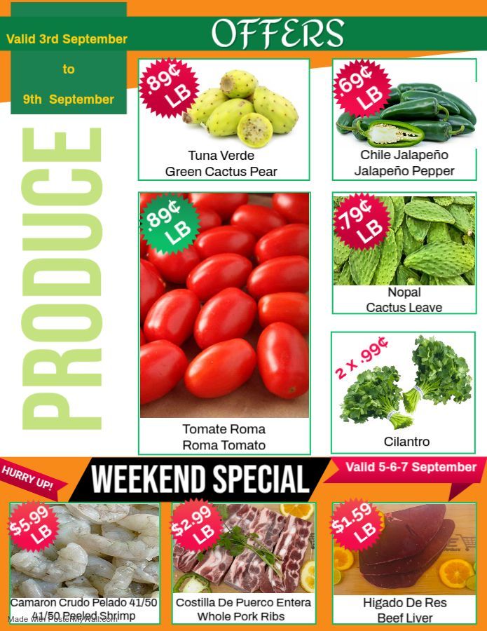 Produce sale flyer with fruits/vegetables and meat prices, including cactus pear, jalapeno, Roma tomatoes, and liver.