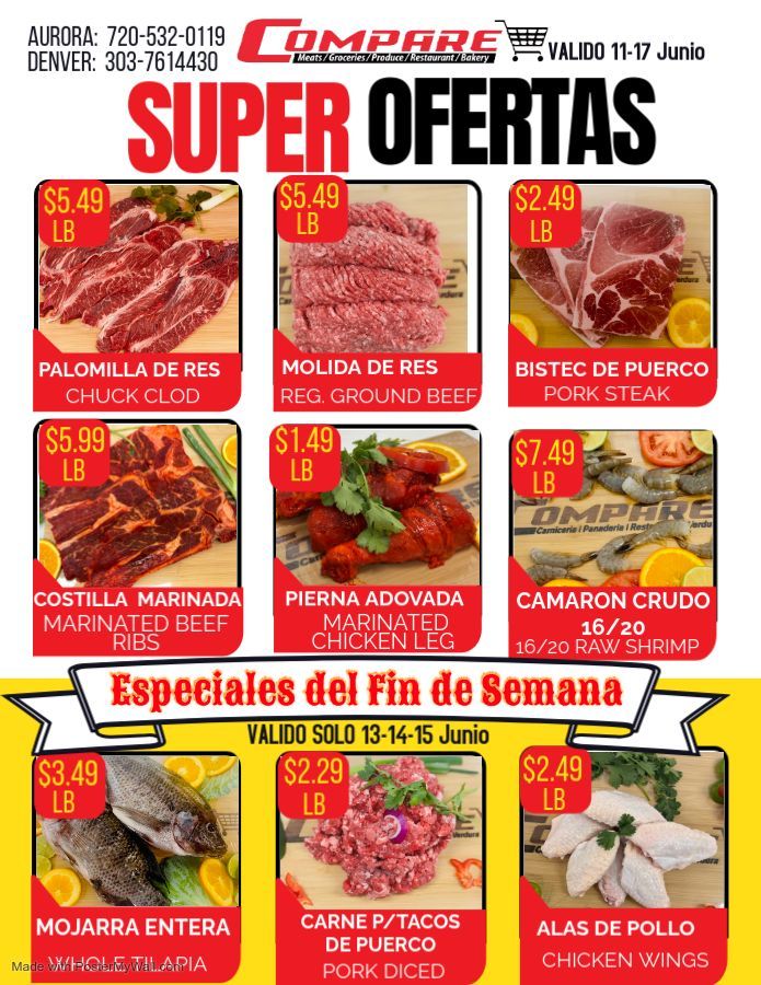 A weekly specials ad for the grocery store shows a variety of meats 