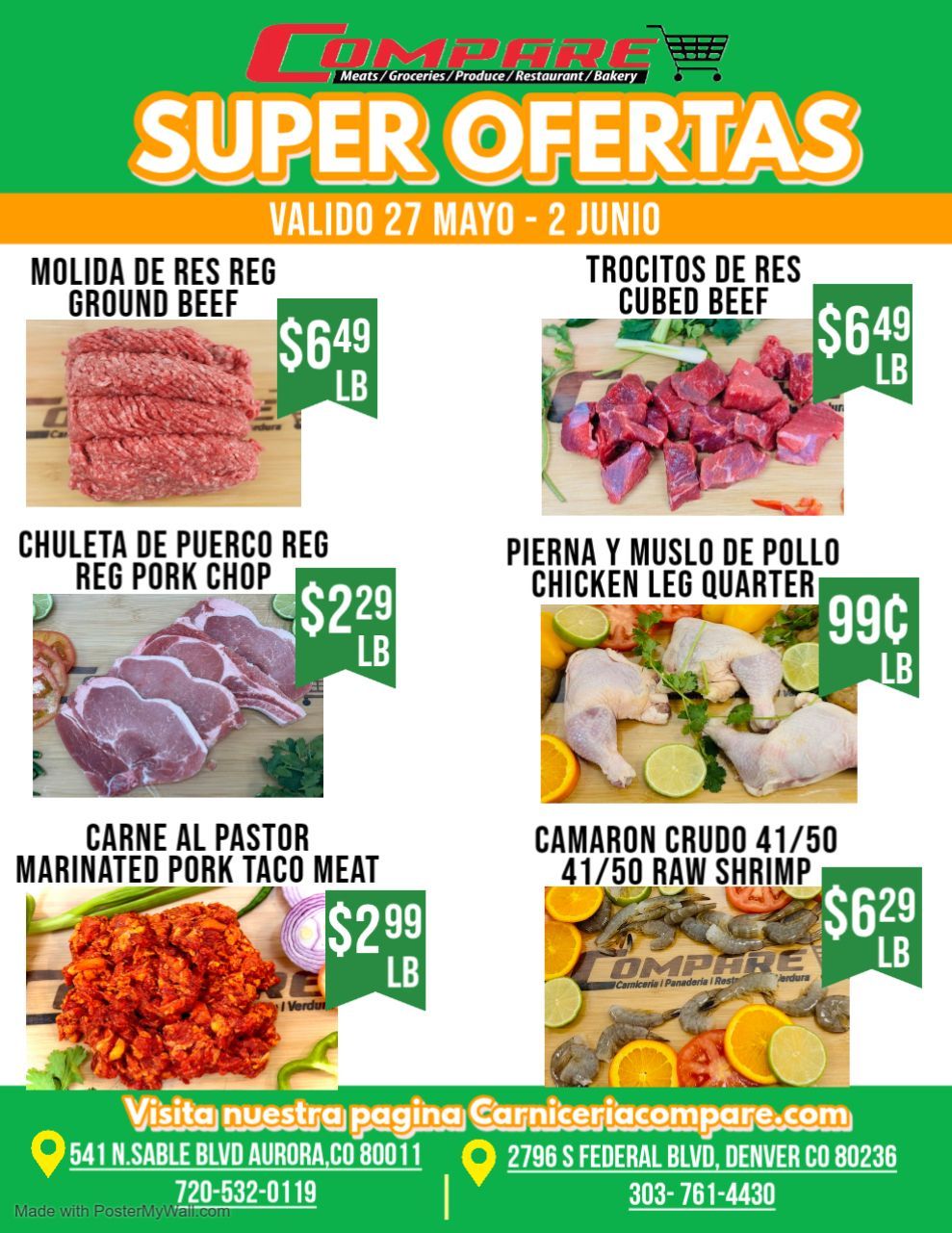 Grocery store sale flyer with ground beef, cubed beef, pork chop, chicken leg quarter, marinated pork taco meat and raw shrimp