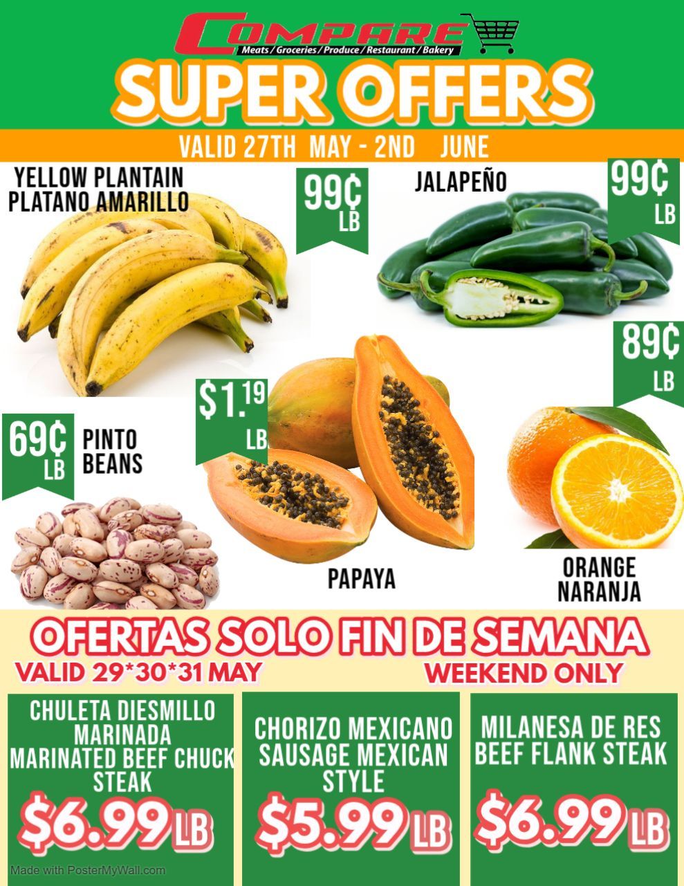 Supermarket promo flyer with yellow plantain, jalapeno, pinto beans, papaya and oranges.