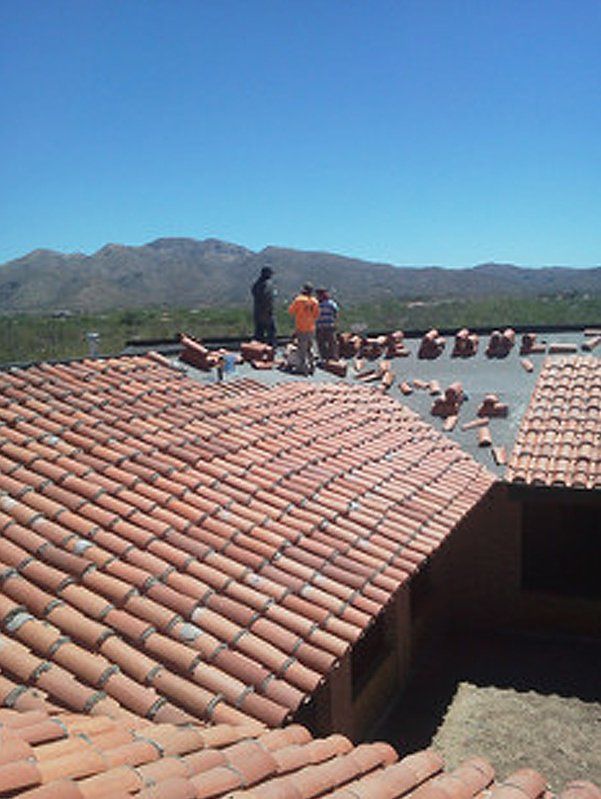 Three men talking on top of the roof