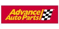 Advance Auto Parts logo with yellow text and a checkered flag on a red background.