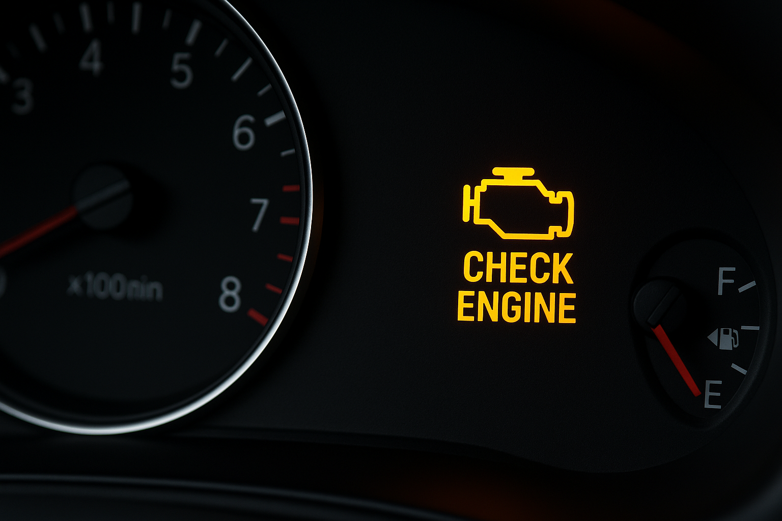 Dashboard showing a yellow check engine light illuminated.