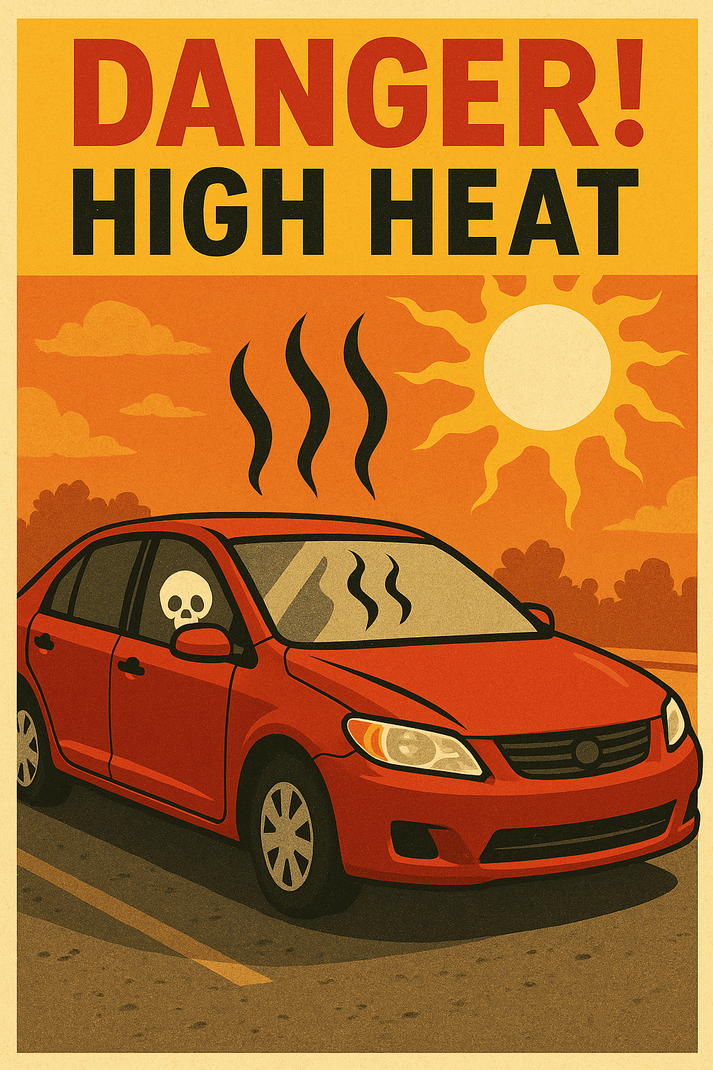 Red car with a skull inside; sun and heat waves;
