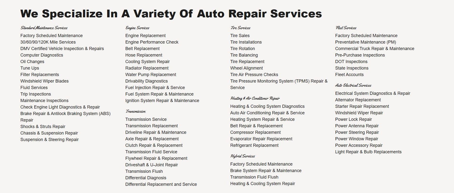 Text listing auto repair services.