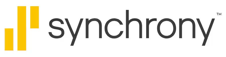 Synchrony logo with yellow bars and dark gray text.