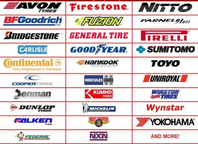 Logos of various tire brands, including Avon, Firestone, Nitto, Michelin, and Yokohama.