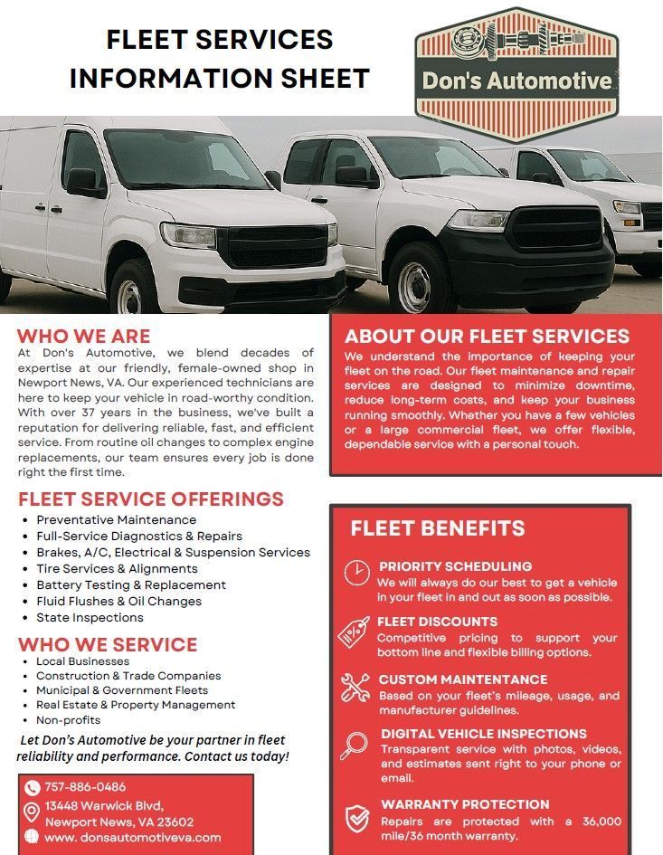 Fleet services information sheet with text, images of trucks, and a logo for Don's Automotive.