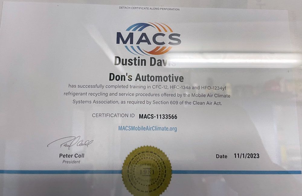 MACS certification for Dustin Davis at Don's Automotive, dated 11/1/2023.