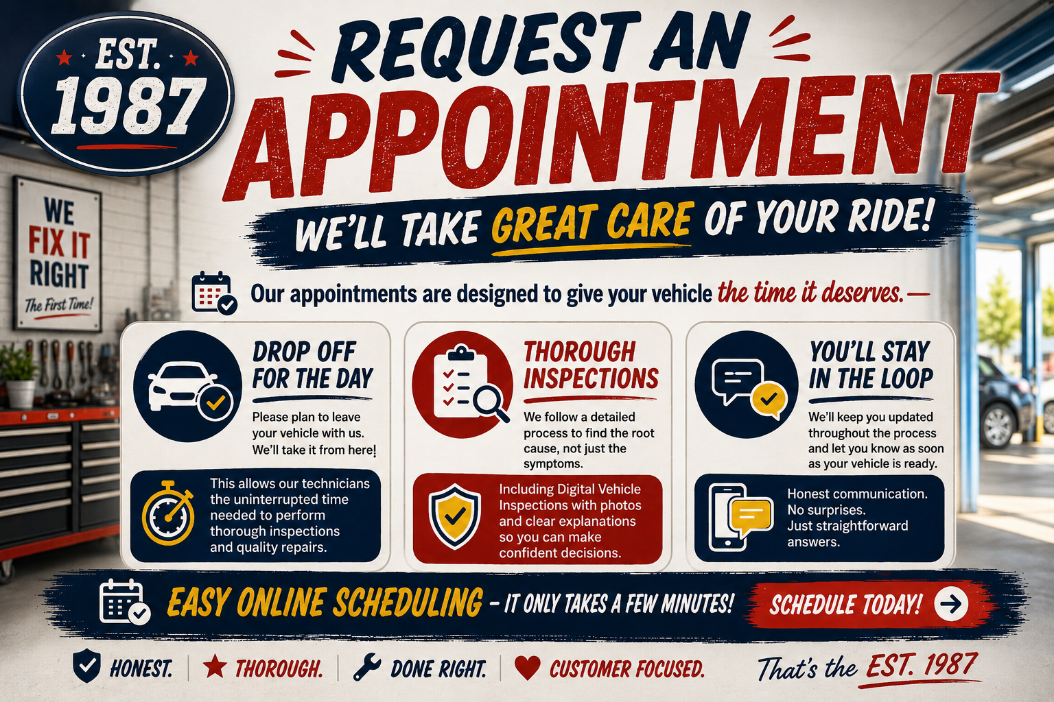 Auto service ad with “Request an Appointment,” blue/red design, and icons for drop-off, inspections, and waiting room.