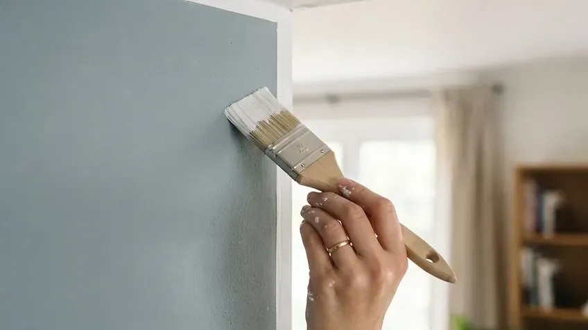 Hand painting a gray wall with a brush near a window.