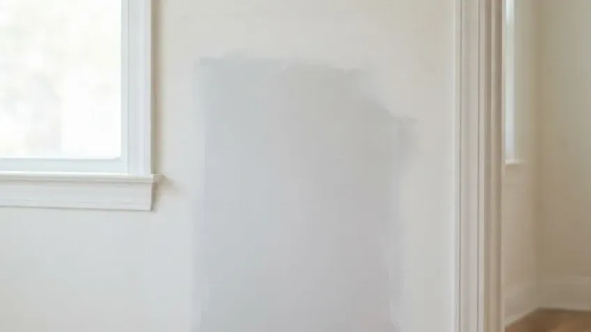 White interior wall with a large light gray paint patch near a window and doorway trim