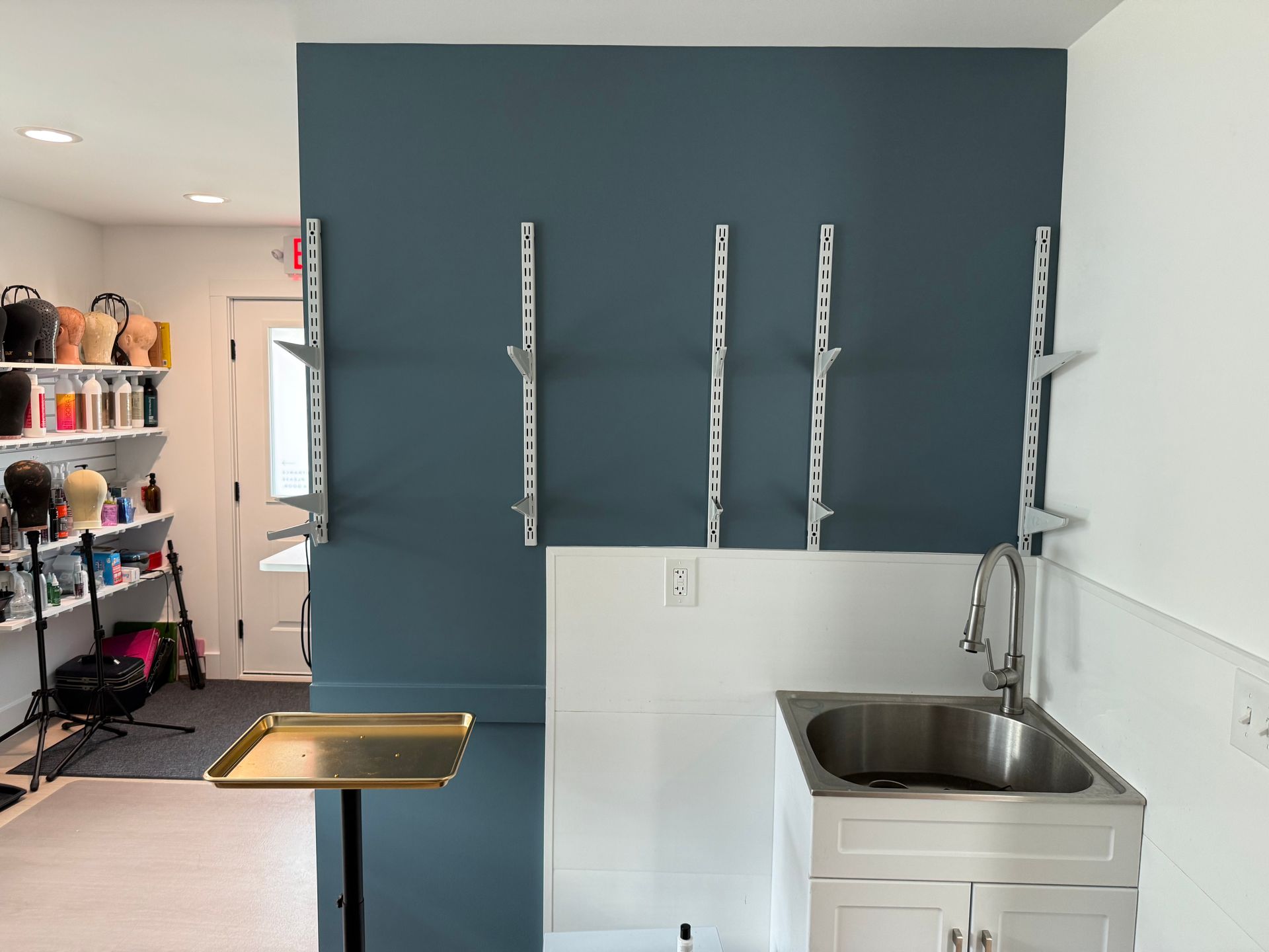 Empty grooming station with blue wall, shelves, table, and stainless steel sink in a bright room