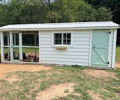 Small white shed with a glass porch, central window, and mint-green door in a grassy yard.