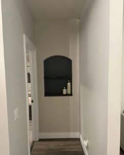 Narrow hallway with white walls, arched wall niche, and dark wood floor leading to a doorway.