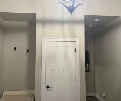 Hallway with a white front door centered between two open doorways and a ceiling light above