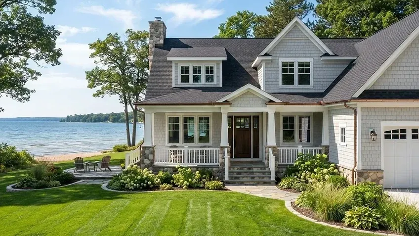Lakeside gray house with white trim, manicured lawn, and porch overlooking the water