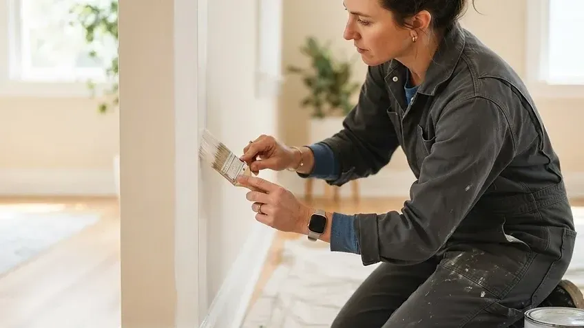 Person painting a wall edge with a brush while kneeling indoors during home renovation