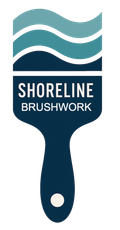 Shoreline Brushwork logo with teal waves and a dark blue paintbrush icon