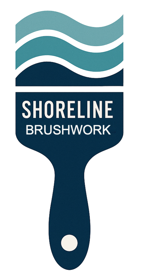 Shoreline Brushwork logo with teal waves and a dark blue paintbrush icon
