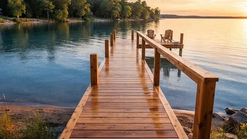 Wooden dock extending into a calm lake at sunset, with trees lining the shore.