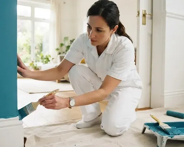 Painter kneeling and applying white paint with a brush on a floor near a bright window