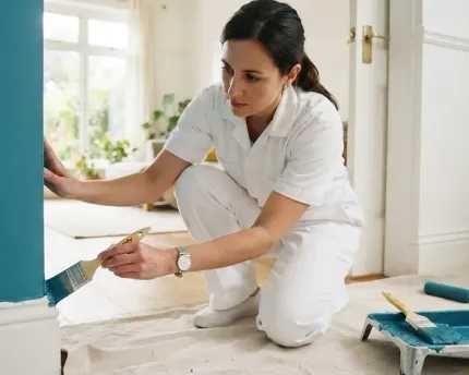Painter kneeling and applying white paint with a brush on a floor near a bright window