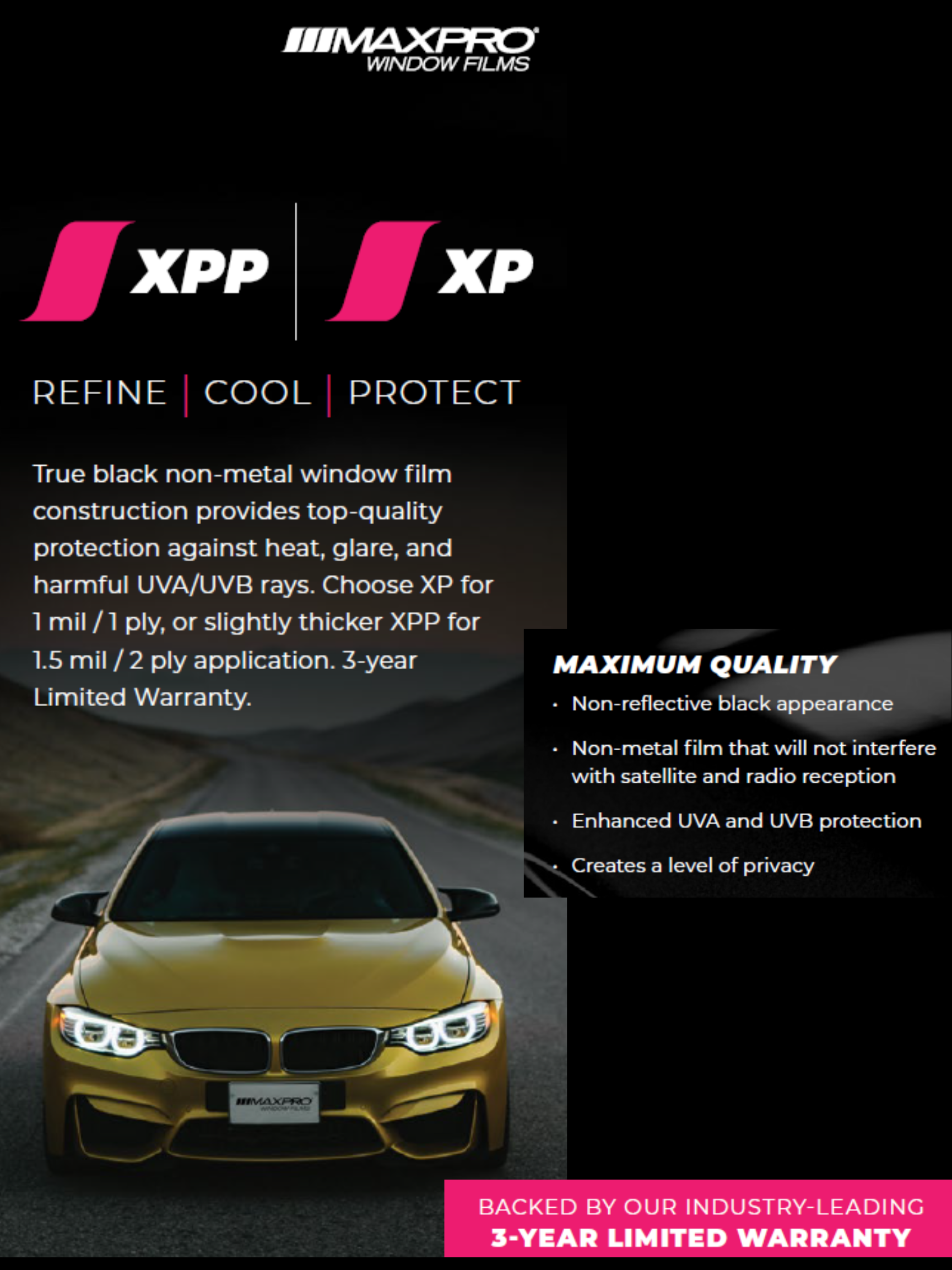 Promotional material for INMAXPRO window film: black and pink design with a gold car.