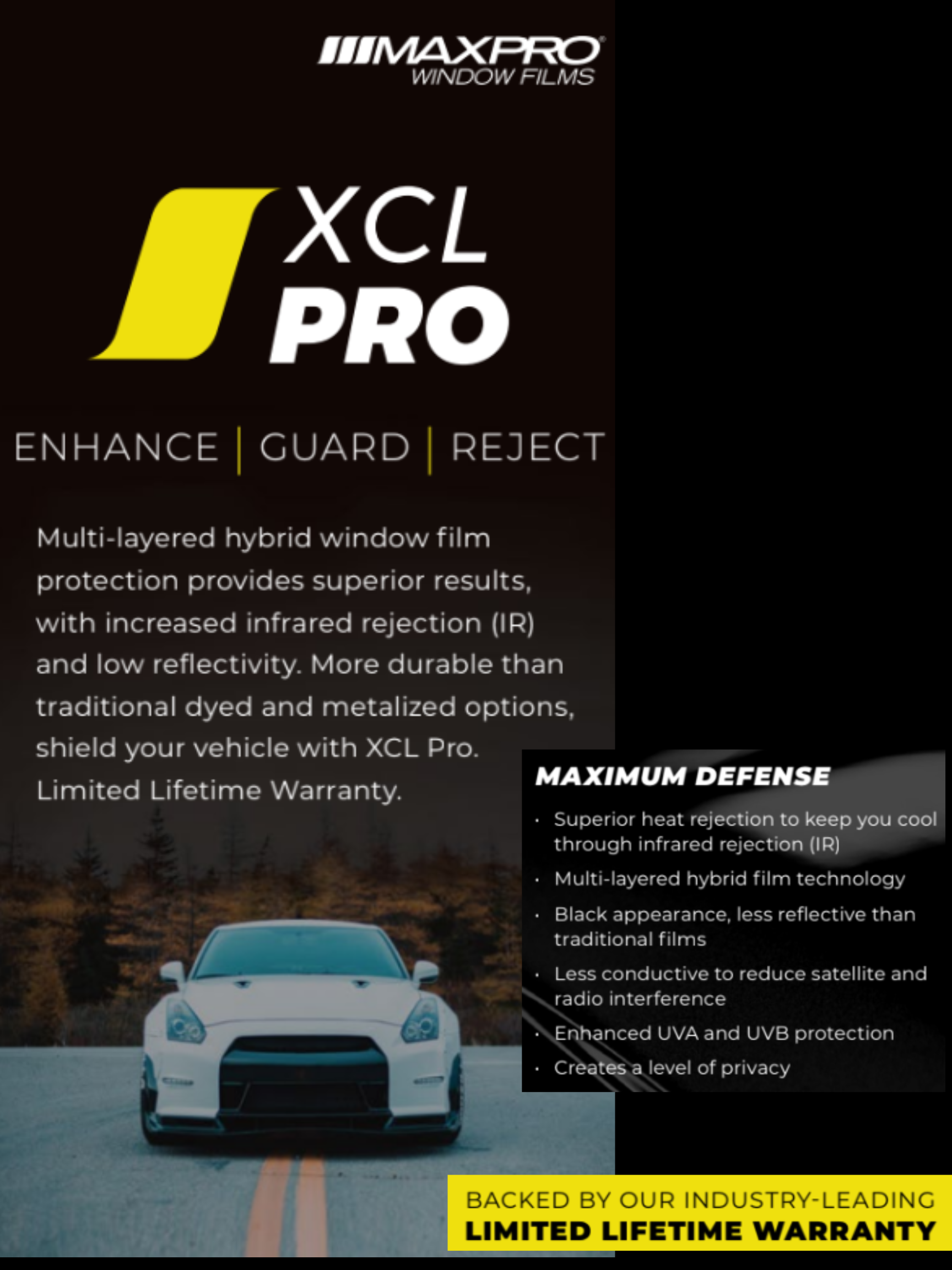 Advertisement for XCL Pro window film, featuring a white car and product details.