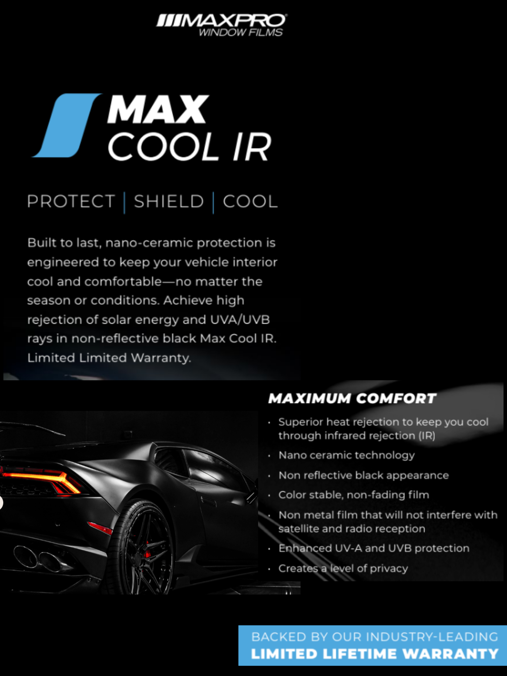 Black and white ad for MAX COOL IR window tint, with a car and text about protection, shielding, and comfort.