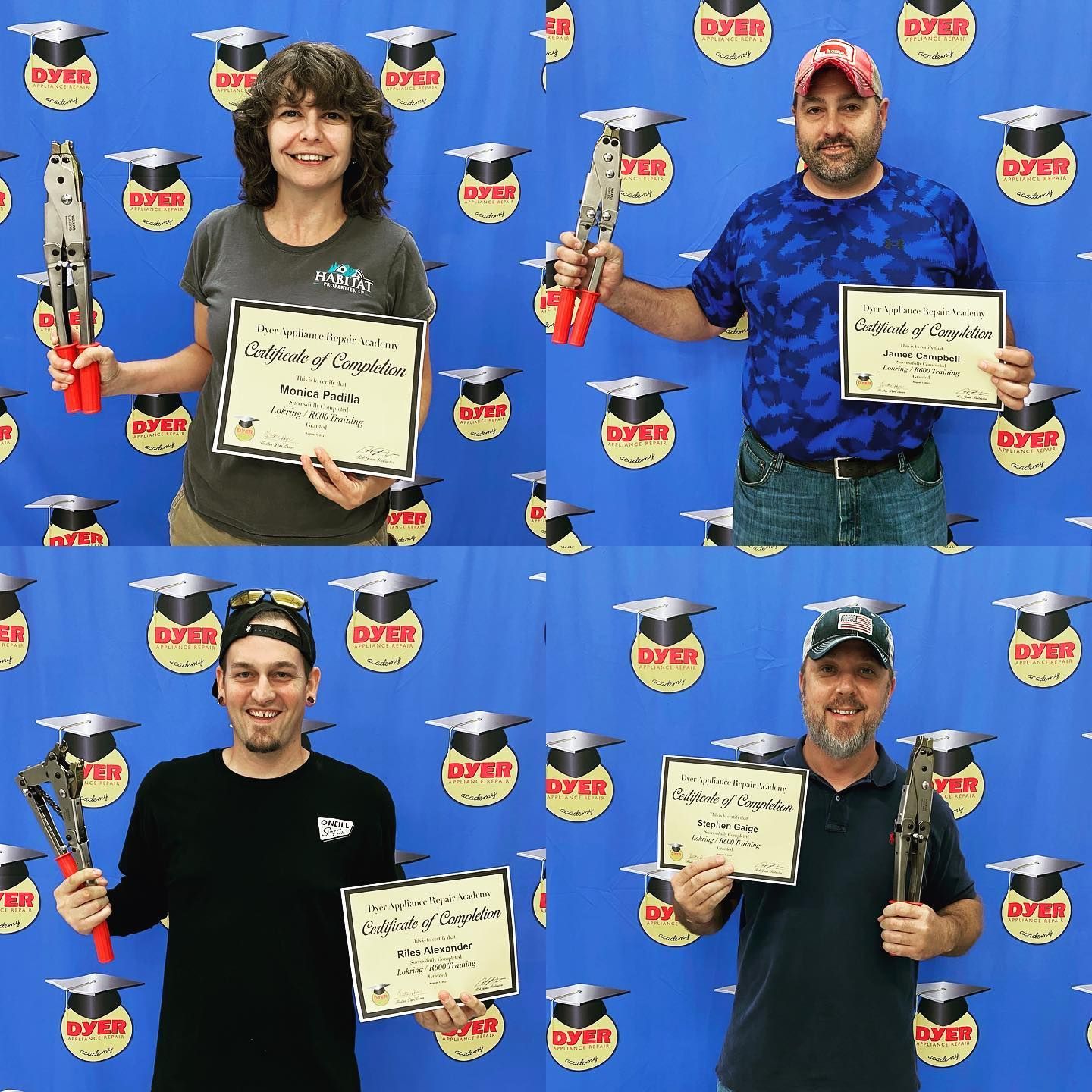Four people holding awards and tools, posing in front of a blue backdrop with logos.