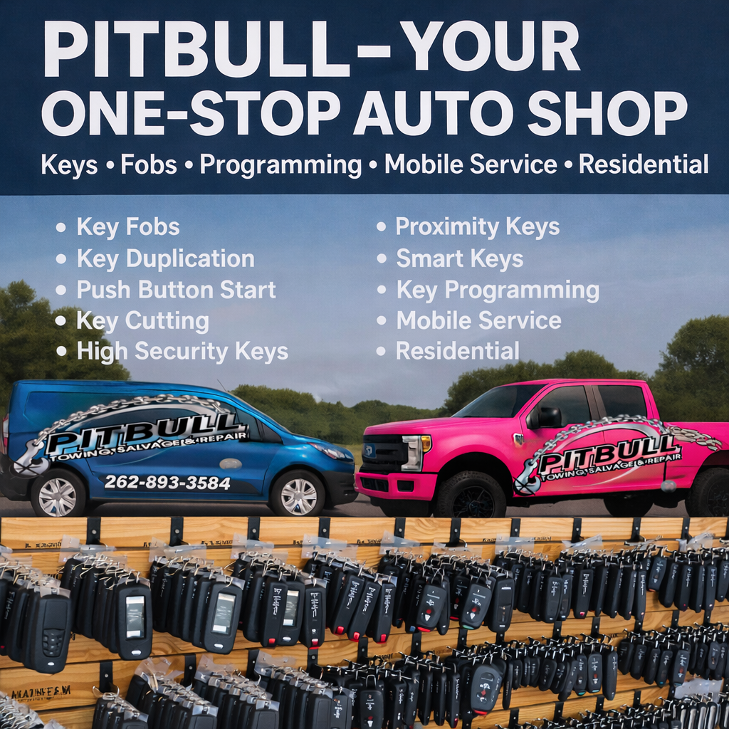 Advertisement for Pitbull Auto Shop blue and pink vans, keys displayed, lists services like keys, fobs, programming, and mobile service.