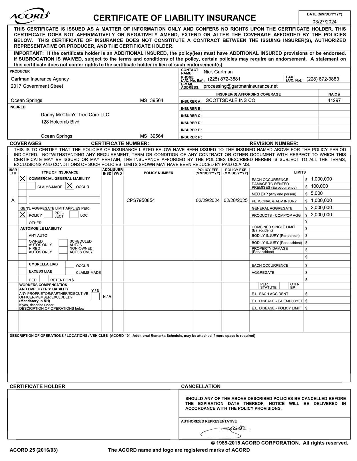 Danny McClain's Tree Care, LLC - General Liability Insurance Certificate