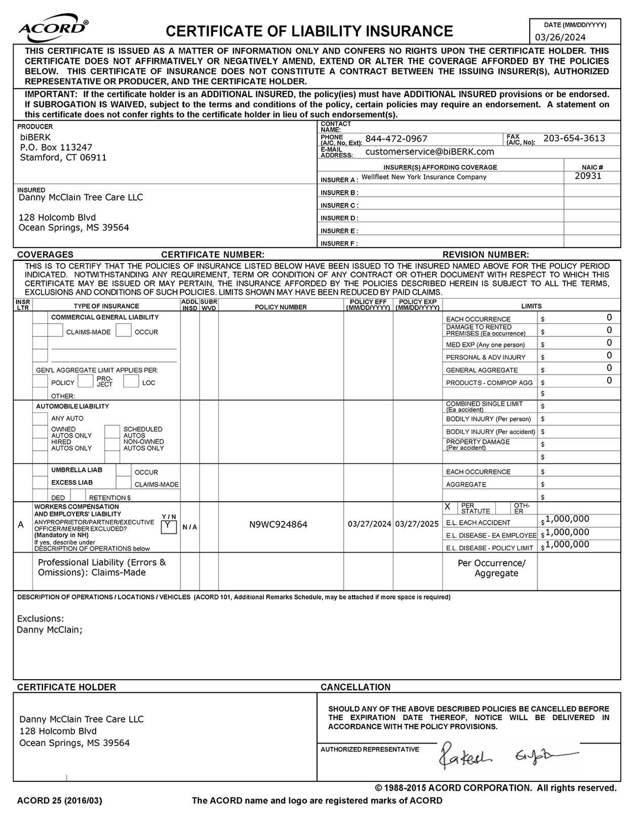 Danny McClain's Tree Care, LLC - Workers' Compensation Insurance Certificate