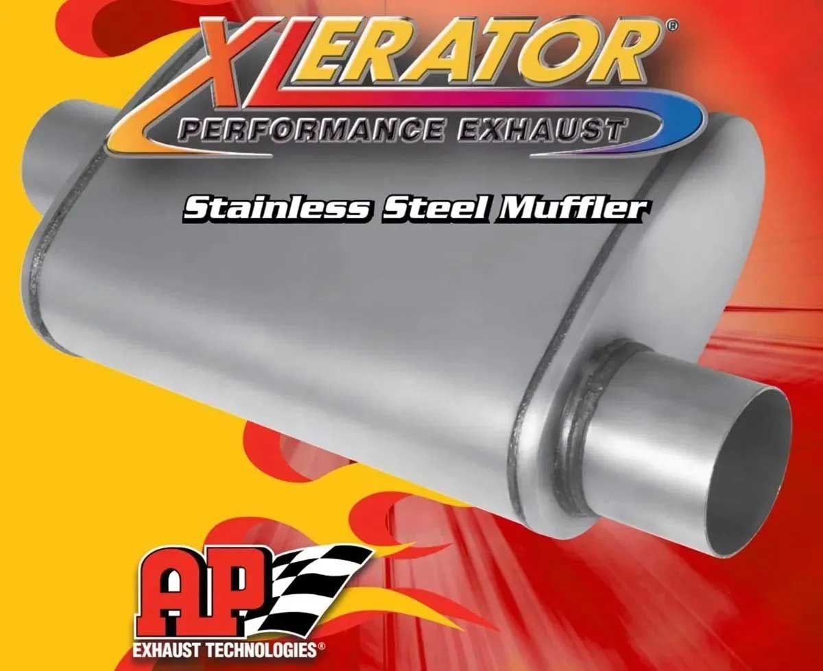 Stainless steel Xlerator muffler on a red and yellow background.